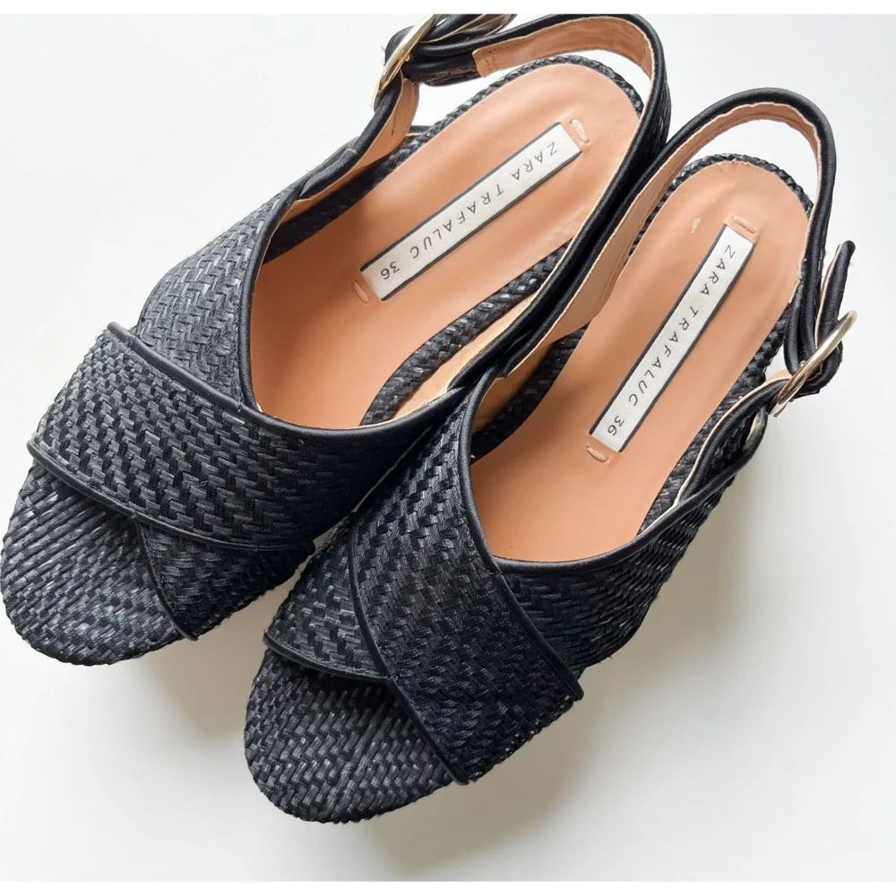 Zara Trafaluc Black Woven Cross Strap Slingback Platform Sandal Womens 36 / US 6